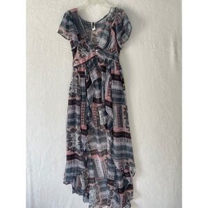 Mixed Print Maxi Dress Womens M Boho Sheer Chiffon Flutter Sleeve Empire Waist